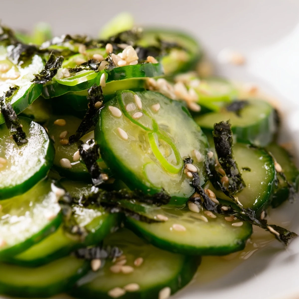 Thinly sliced cucumbers tossed in tangy rice vinegar dressing for sushi cucumber salad