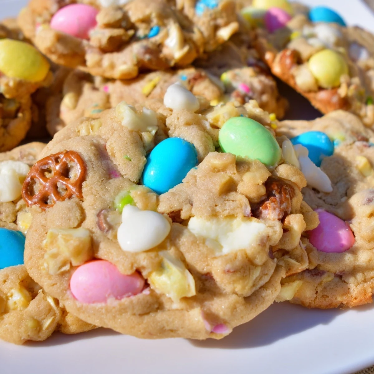 Colorful Easter Trash Cookies loaded with pastel candies, pretzels, and sprinkles on a rustic baking sheet