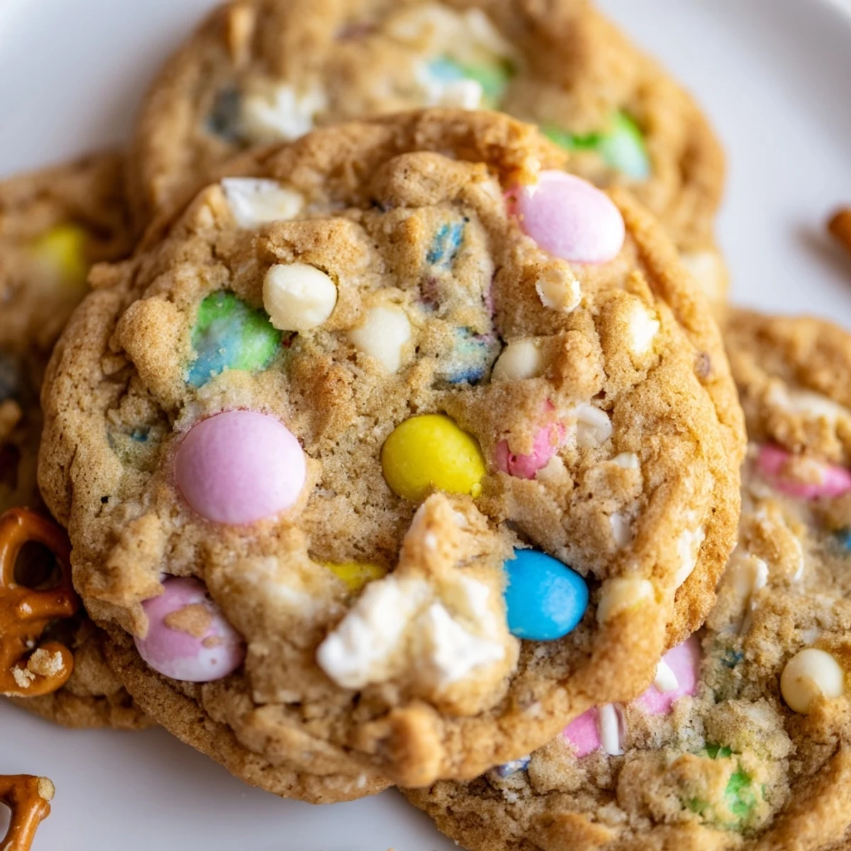 Chewy Easter Trash Cookies studded with candy-coated chocolates, broken pretzels, and crunchy cereal pieces