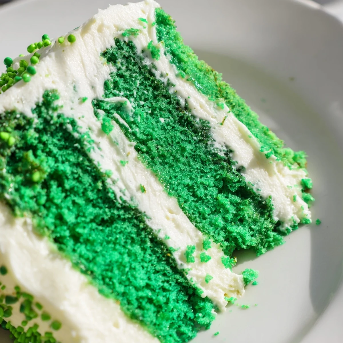 A slice of Green Velvet Cake layered with fluffy cream cheese frosting on a white plate