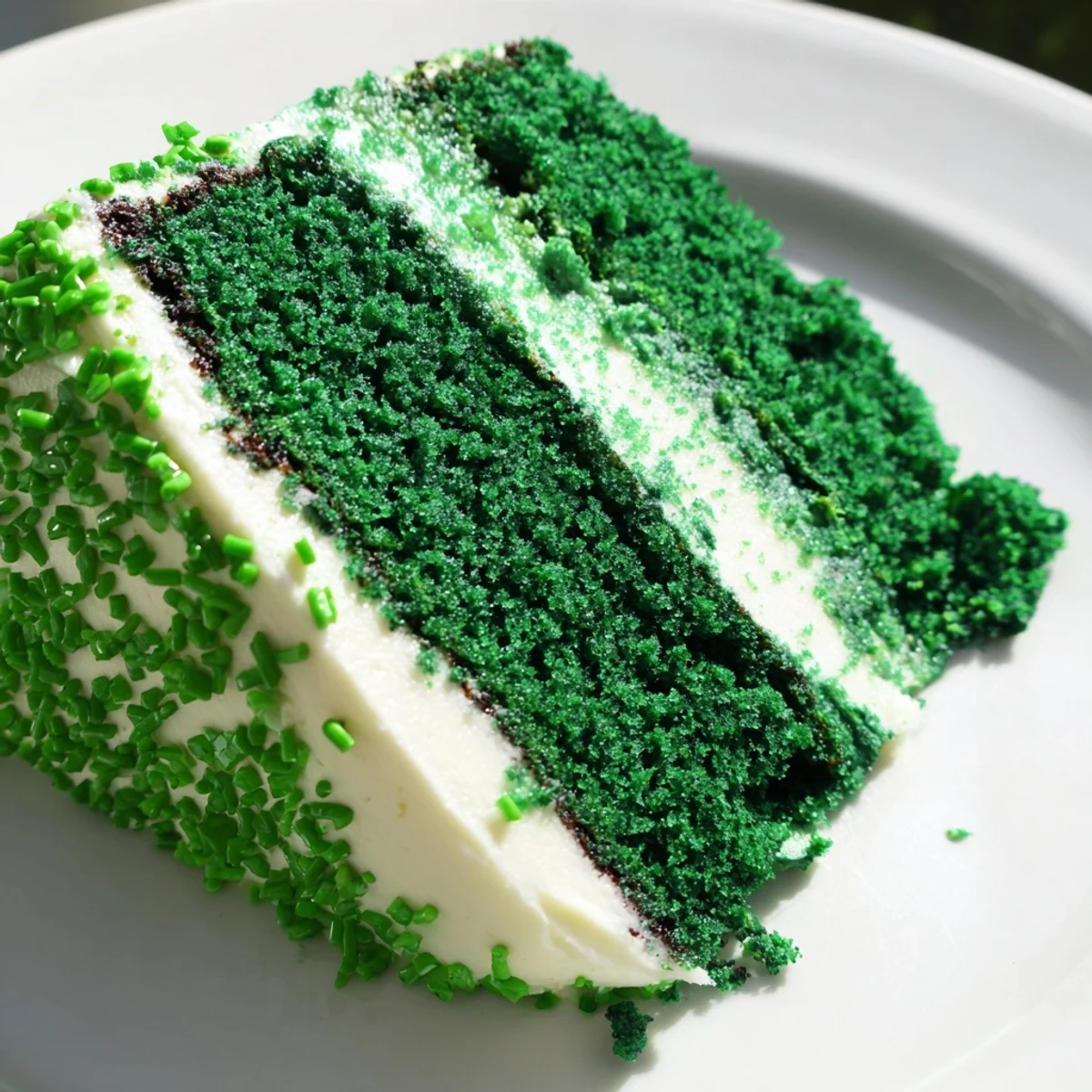 Bright emerald Green Velvet Cake topped with creamy frosting and green sprinkles for a festive dessert
