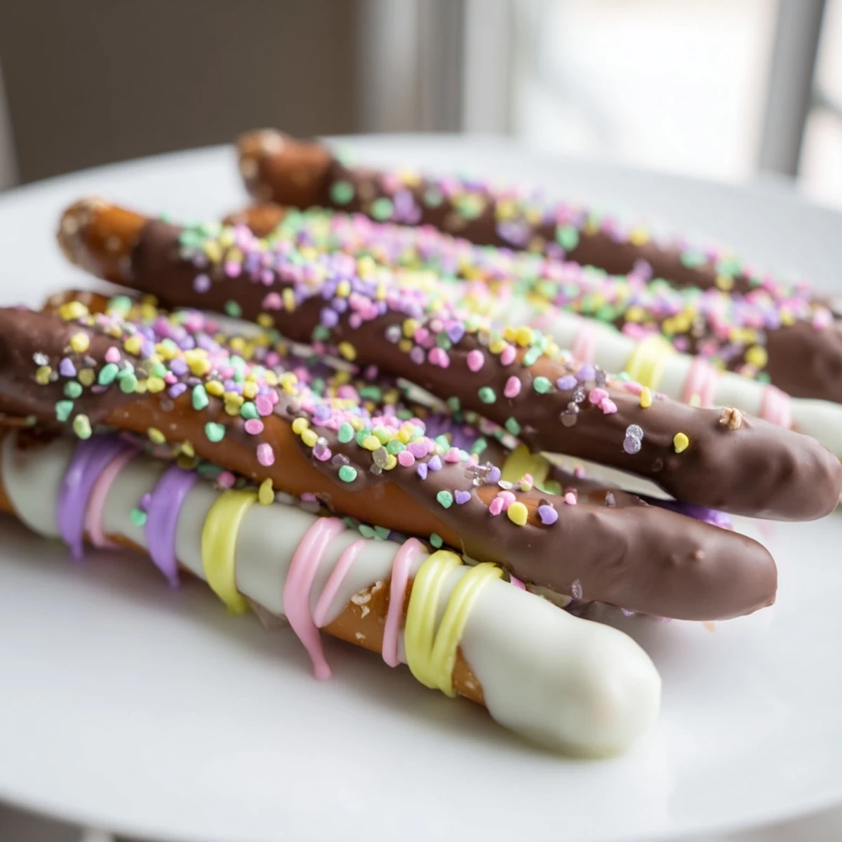 Chocolate covered pretzels for Easter with pastel sprinkles on a white serving platter