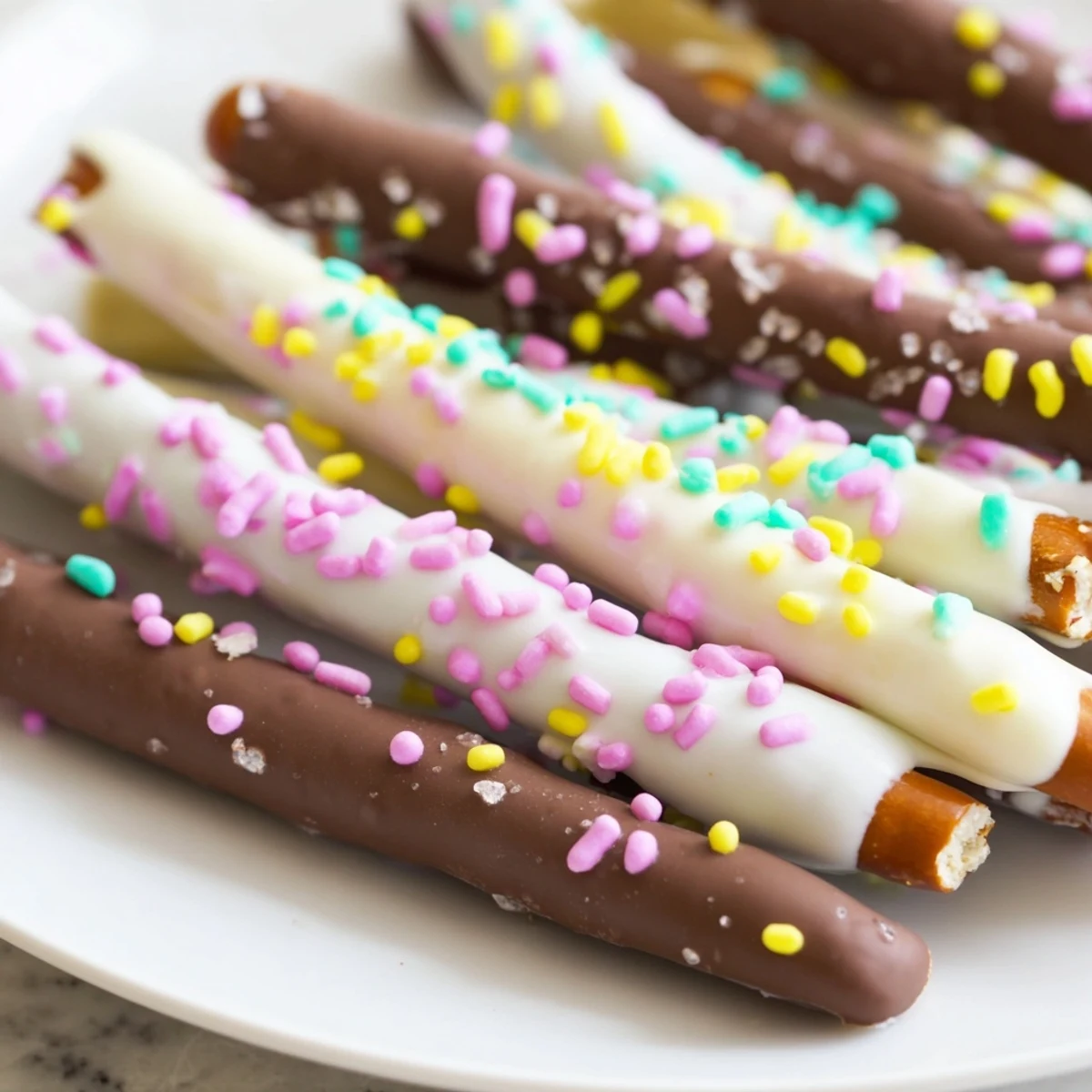 Golden pretzel rods dipped in glossy chocolate and topped with colorful Easter sprinkles