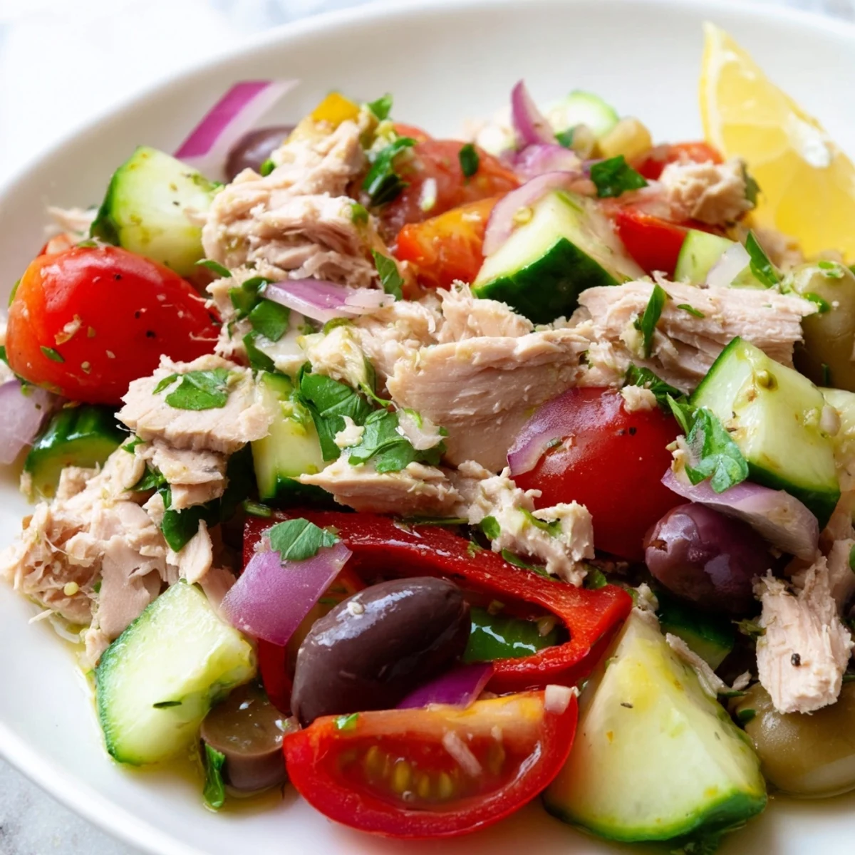 Simple Mediterranean Tuna Salad in a bright bowl with juicy tomatoes, olives, and herbs