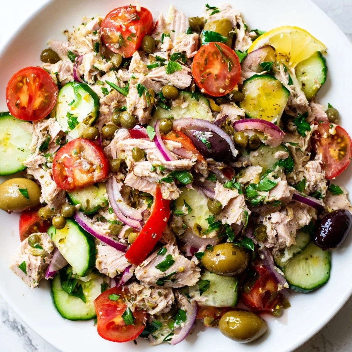 Simple Mediterranean Tuna Salad topped with crisp cucumbers and a glistening lemon dressing
