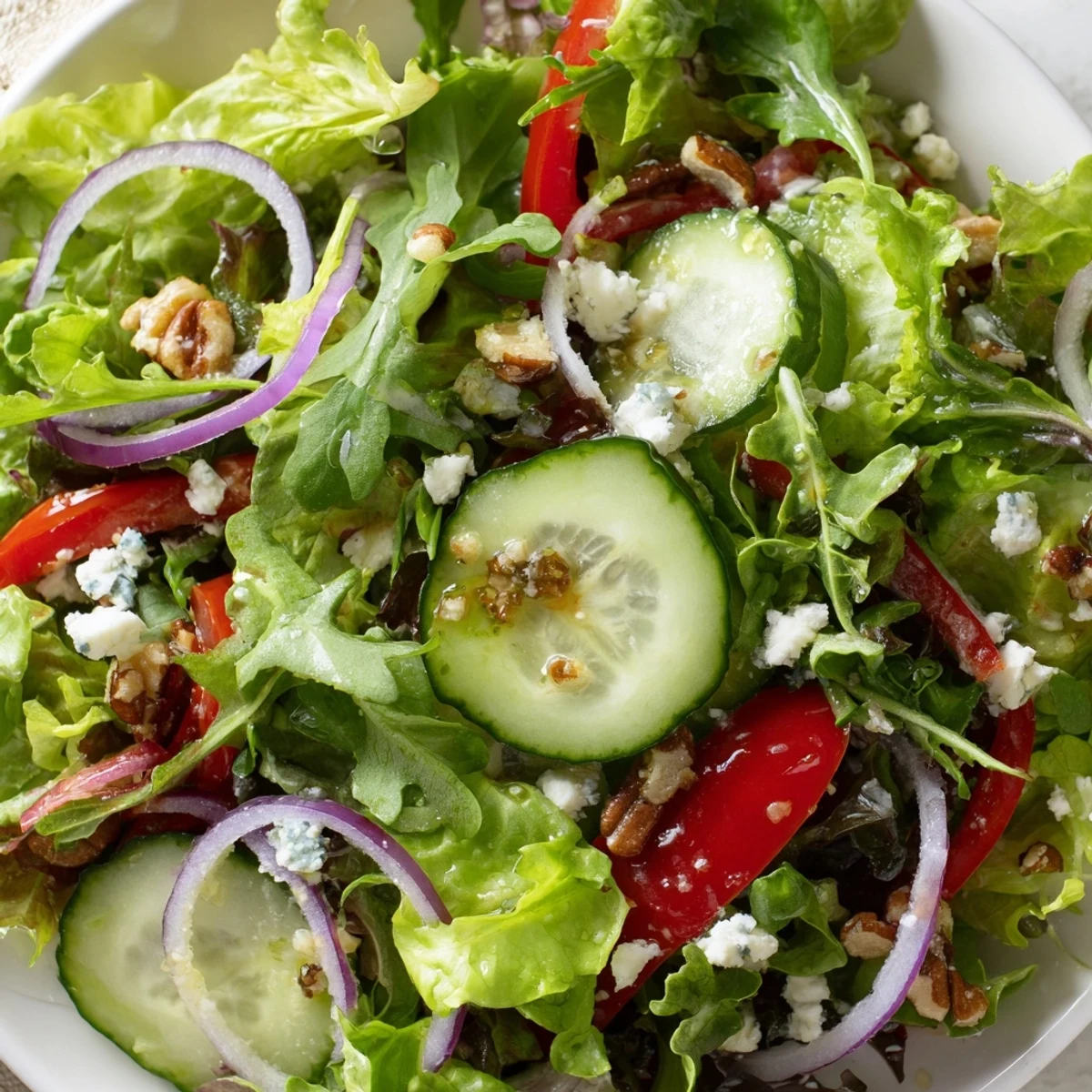 Fresh spring mix salad with colorful vegetables and tangy balsamic vinaigrette in wooden bowl