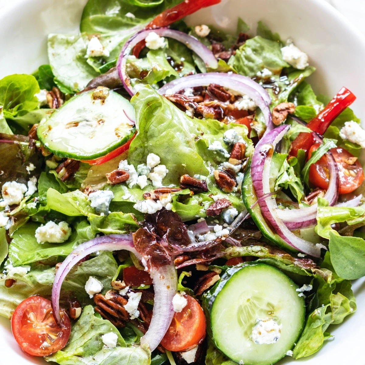 Crisp spring mix salad topped with crumbled feta cherry tomatoes and toasted pecans