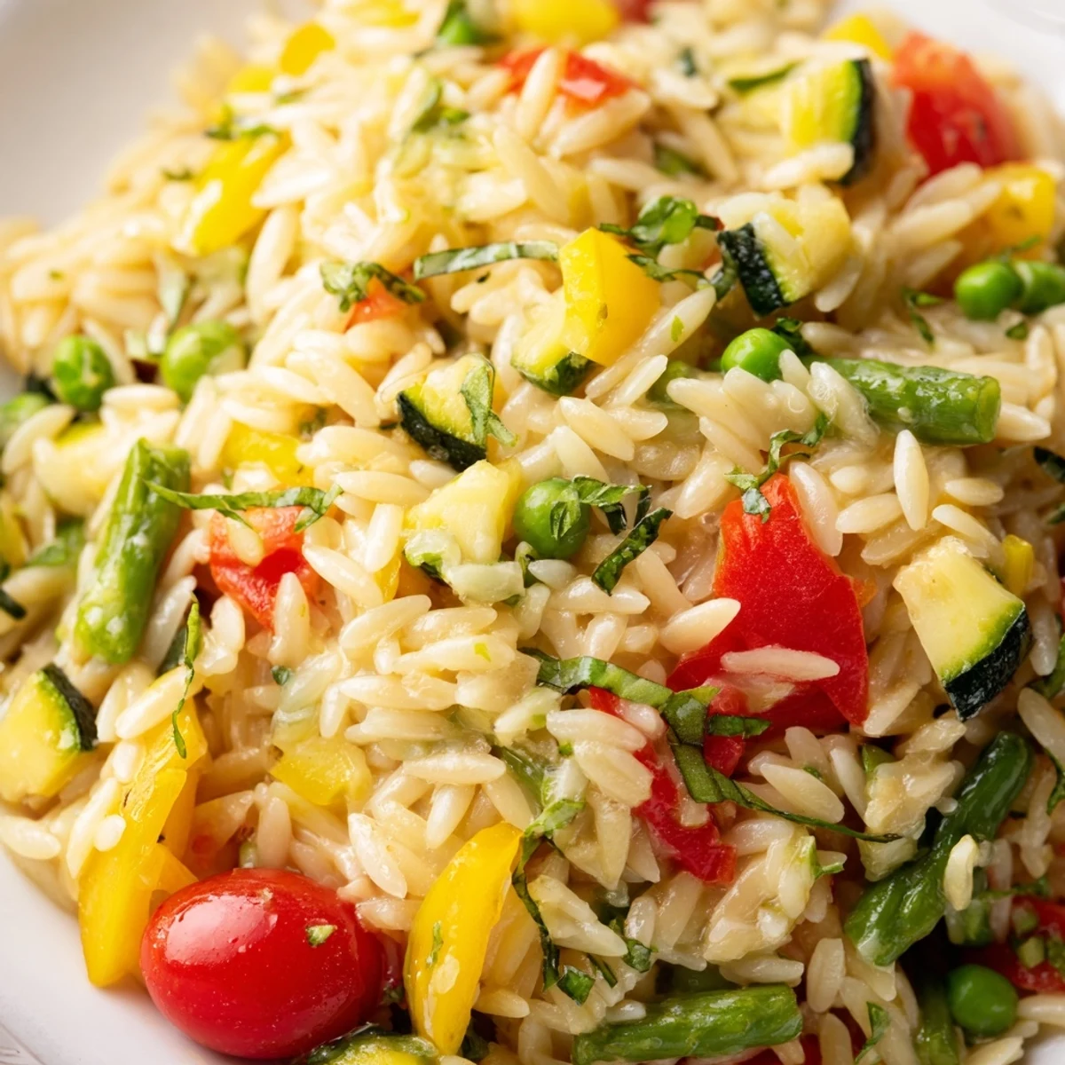 Creamy Orzo Primavera tossed with colorful spring vegetables and fresh lemon herbs