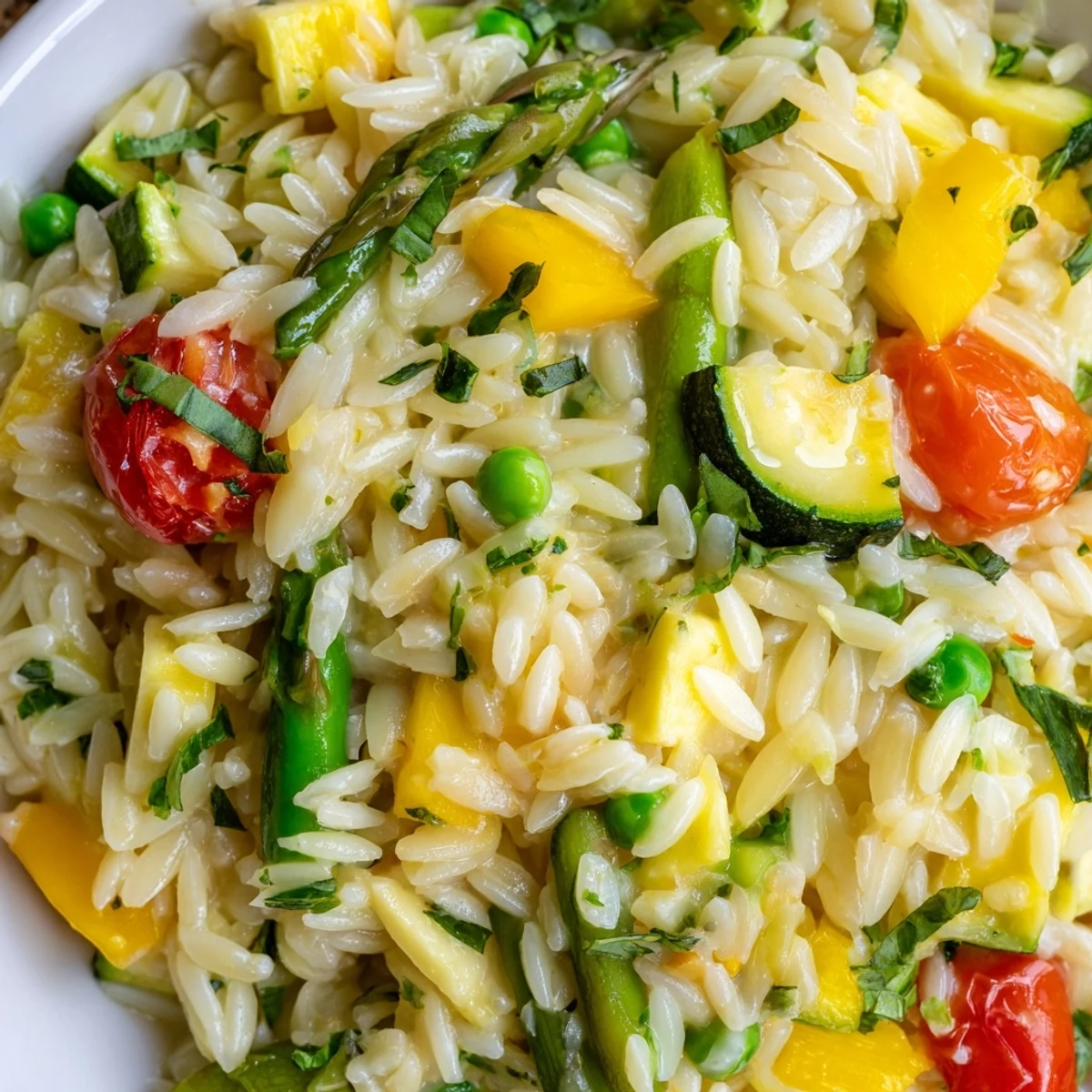 Steaming Orzo Primavera garnished with basil and cherry tomatoes on a white plate