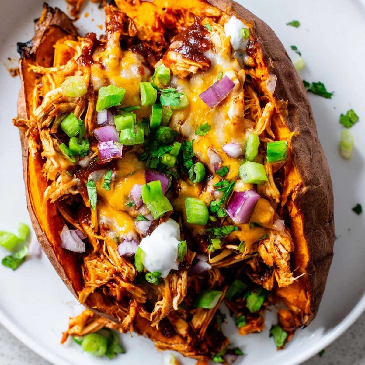 Tender roasted sweet potato topped with smoky BBQ chicken and melted cheddar cheese garnished with green onions