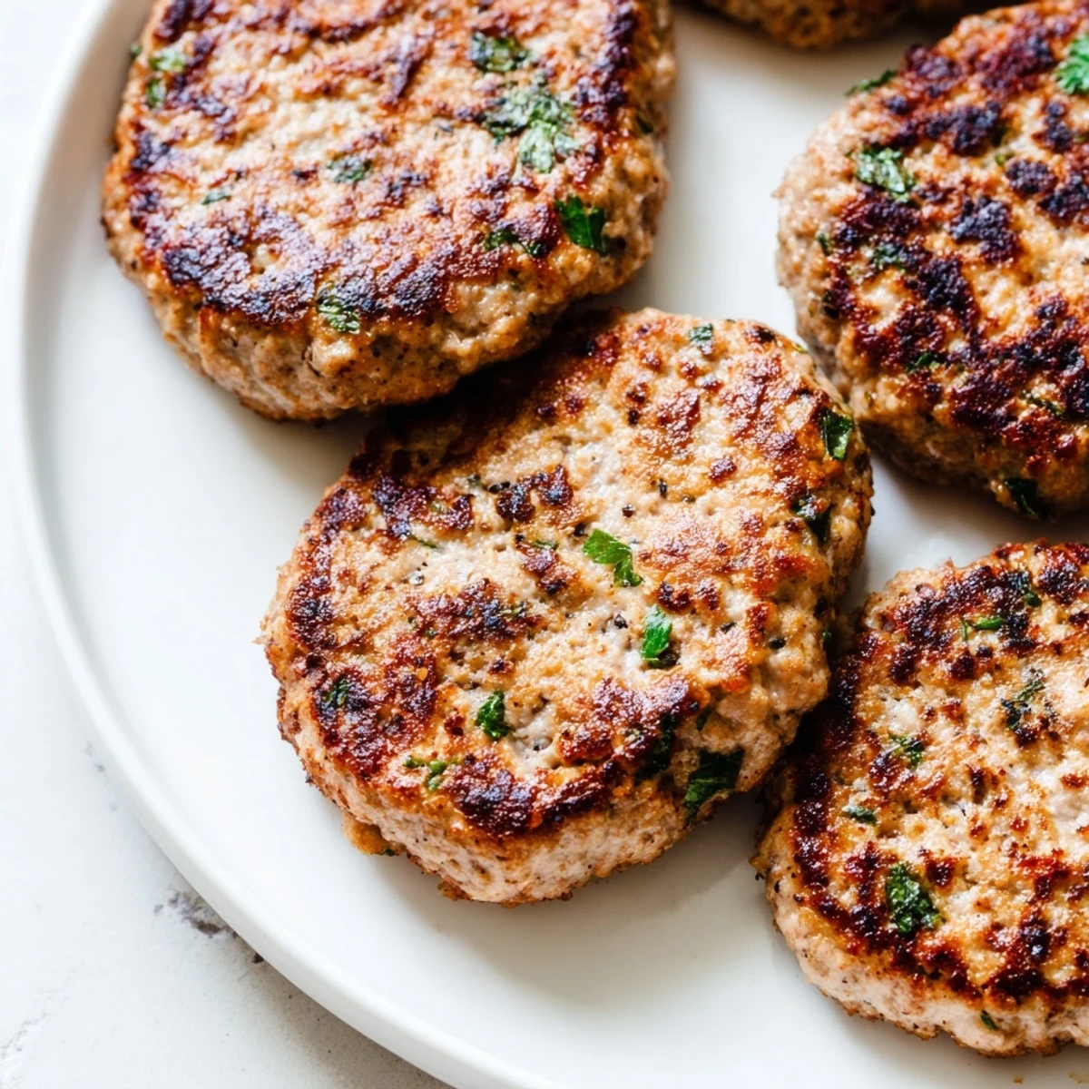Homemade ground turkey sausage seasoned with sage and paprika on a breakfast plate