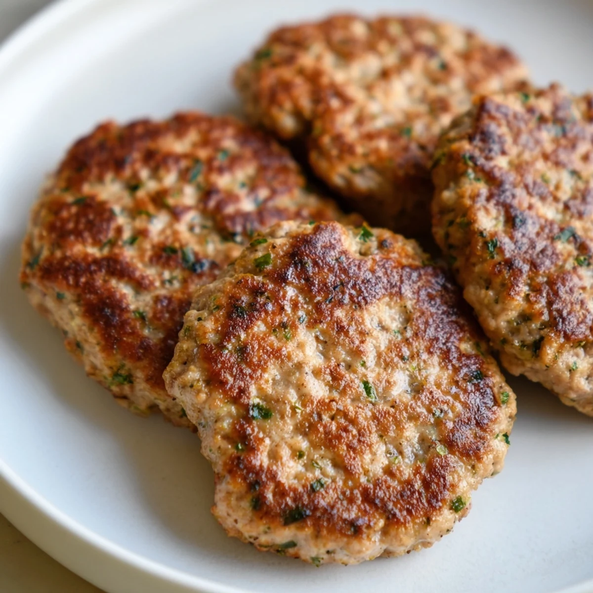 Golden brown ground turkey sausage patties sizzling in a cast iron skillet