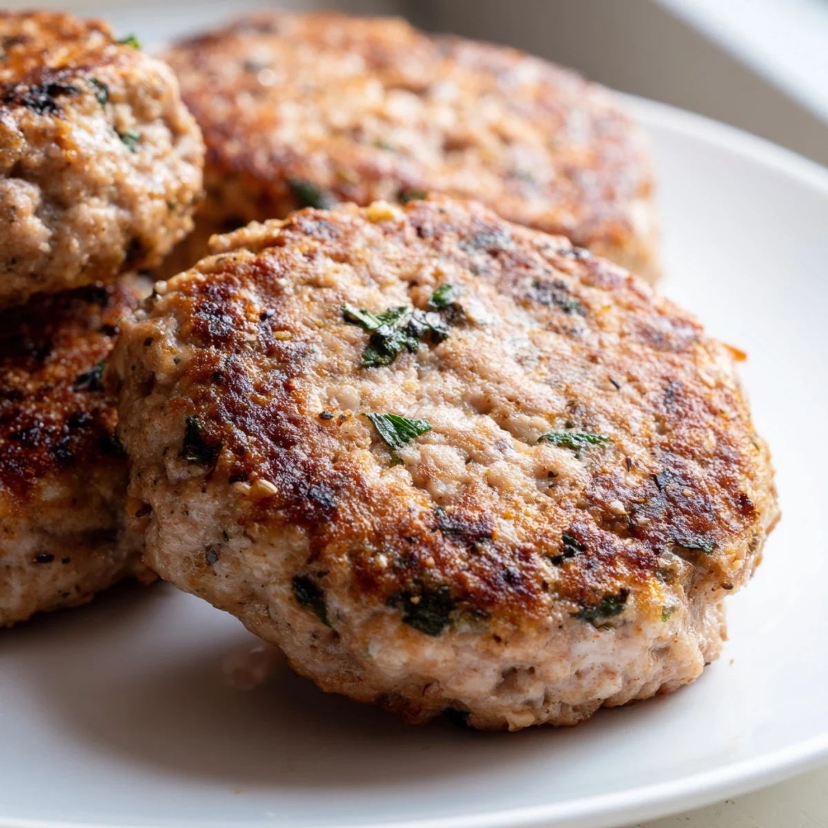 Juicy ground turkey sausage crumbled over scrambled eggs in a warm serving dish