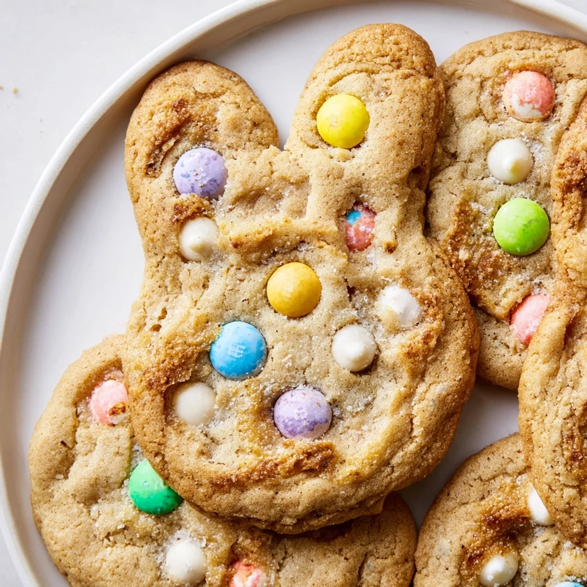 Soft and chewy M&M bunny cookies topped with colorful pastel candies on a rustic baking sheet