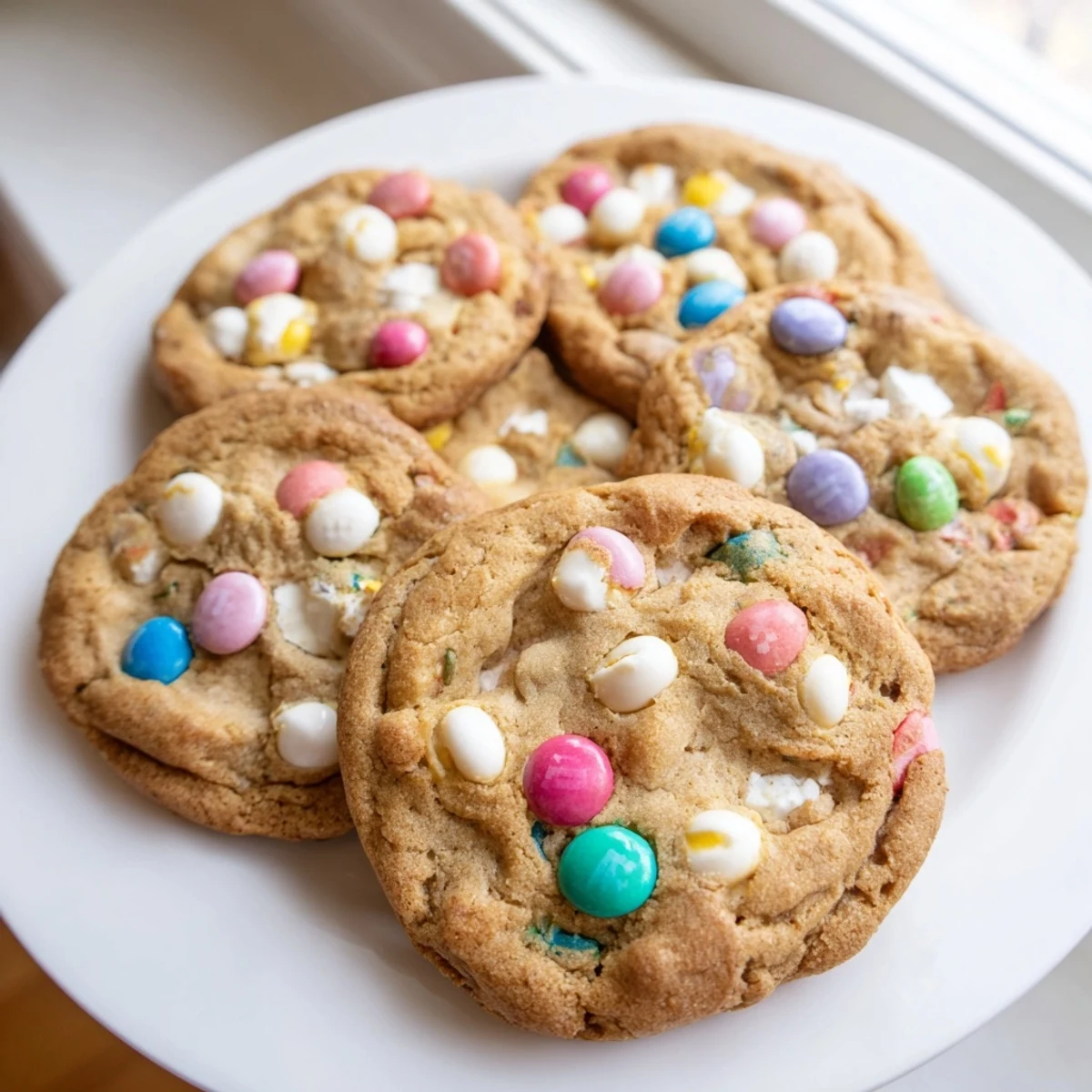 Chewy M&M bunny cookies with vibrant Easter-colored chocolates pressed into golden edges and soft centers
