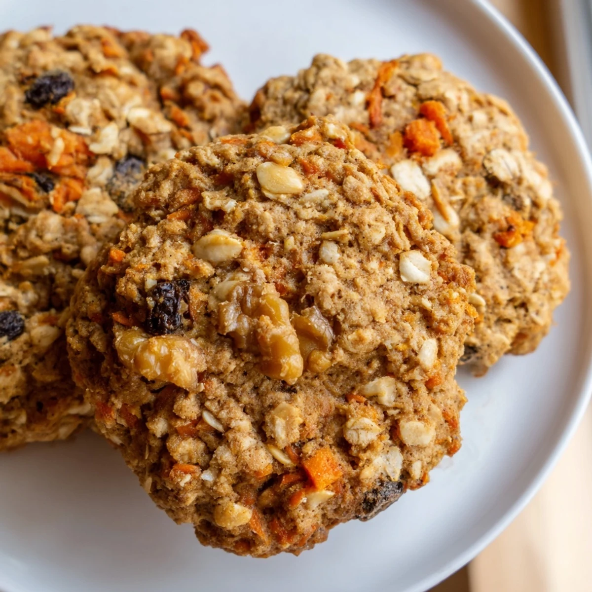 Chewy carrot cake cookies with visible oats and shreds of fresh carrot on rustic baking sheet