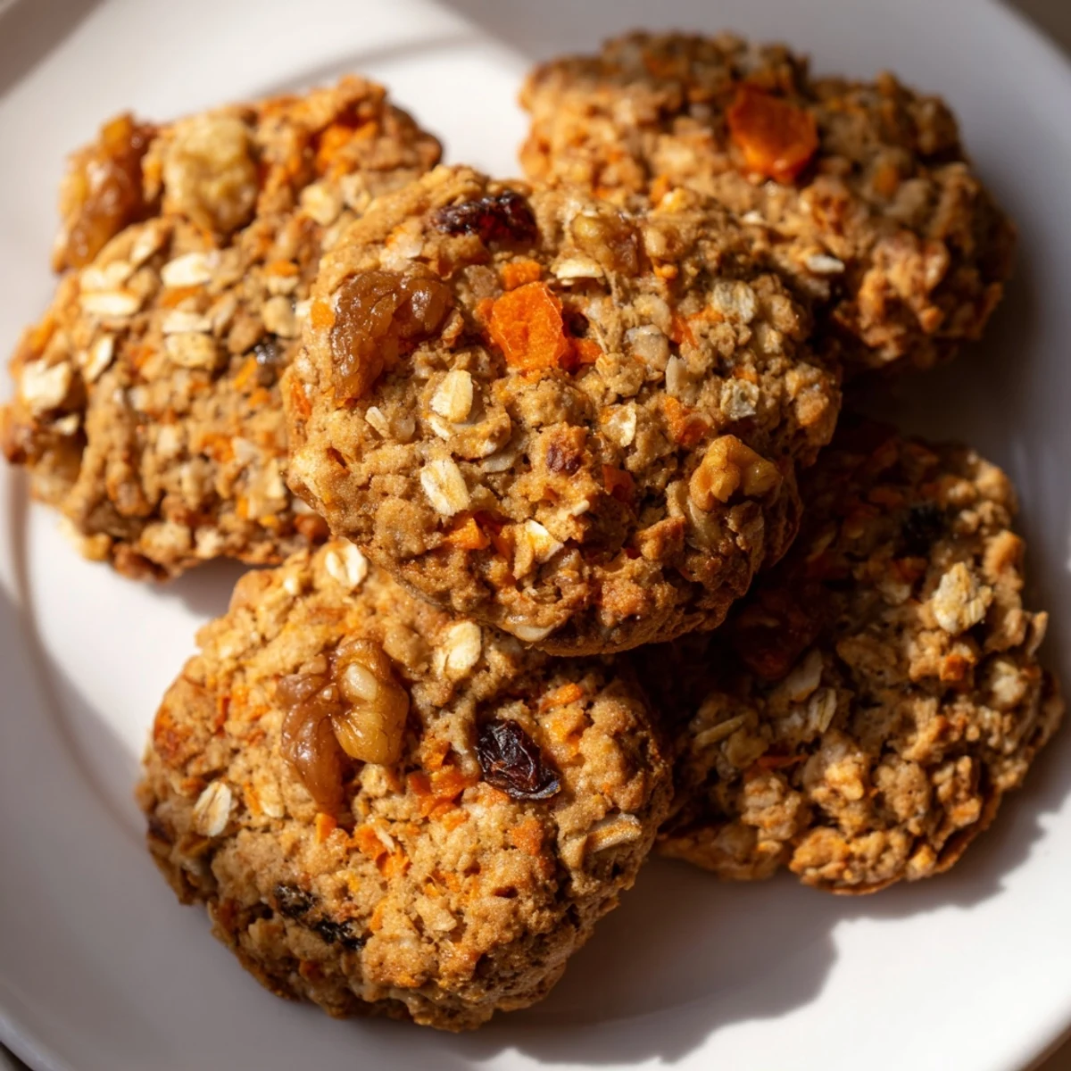 Golden chewy carrot cake cookies studded with walnuts and raisins arranged on white plate