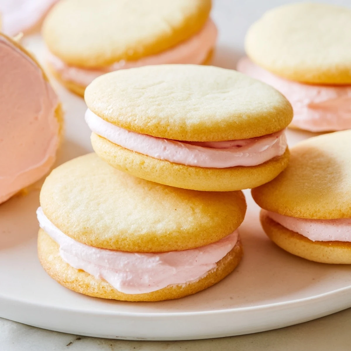 Soft pastel sugar cookie sandwiches with swirled buttercream filling on a rustic white plate
