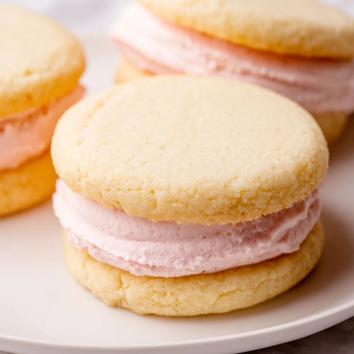 Delicate sugar cookie sandwiches showcase layers of pink yellow and green buttercream frosting