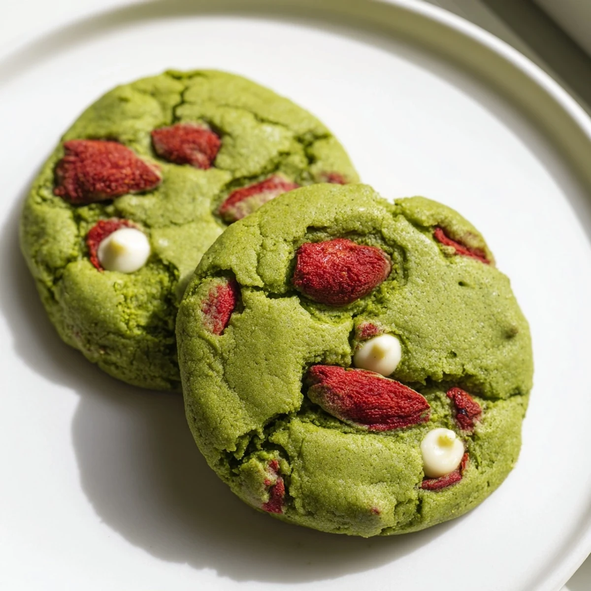 Soft strawberry matcha cookies with vibrant green color and dotted with red fruit pieces