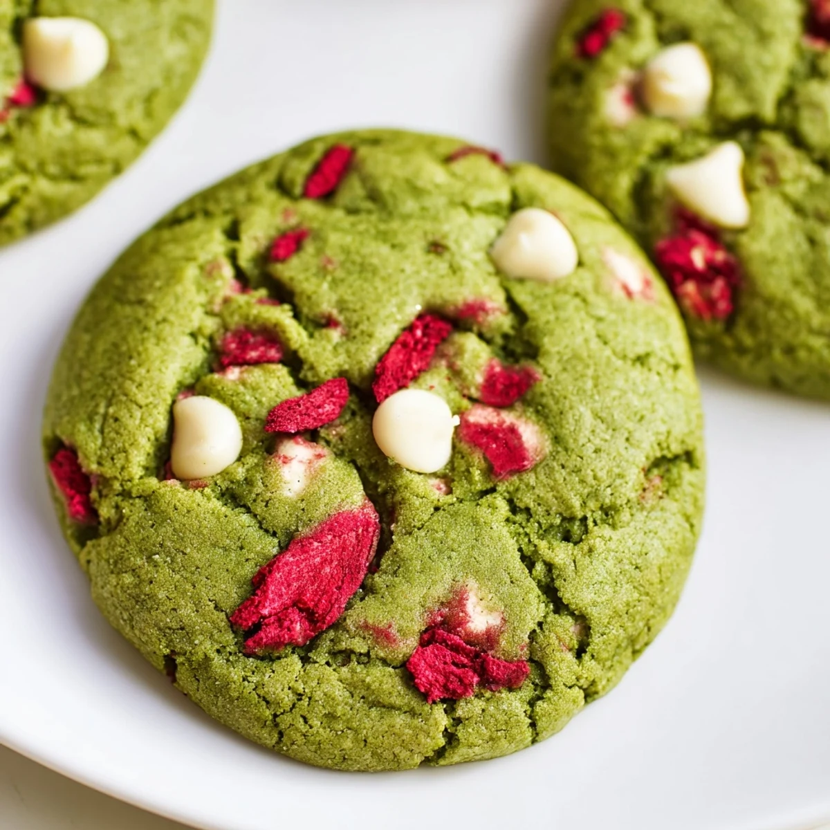 Chewy matcha cookies studded with sweet freeze-dried strawberries on a rustic baking sheet