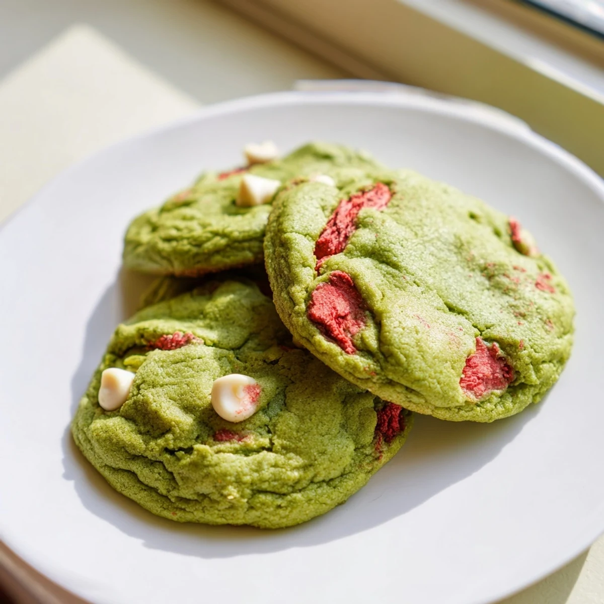 Freshly baked strawberry matcha cookies with cracked edges and bursts of red berry pieces