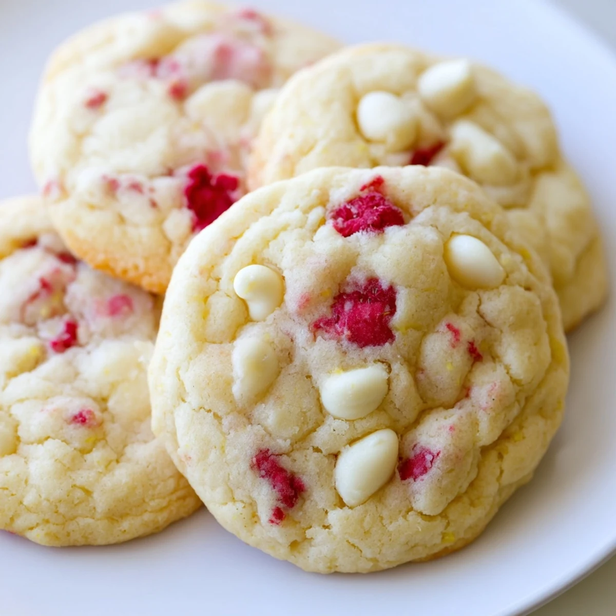 Golden lemon raspberry cookies with juicy berry pieces and soft, chewy centers on a rustic baking sheet