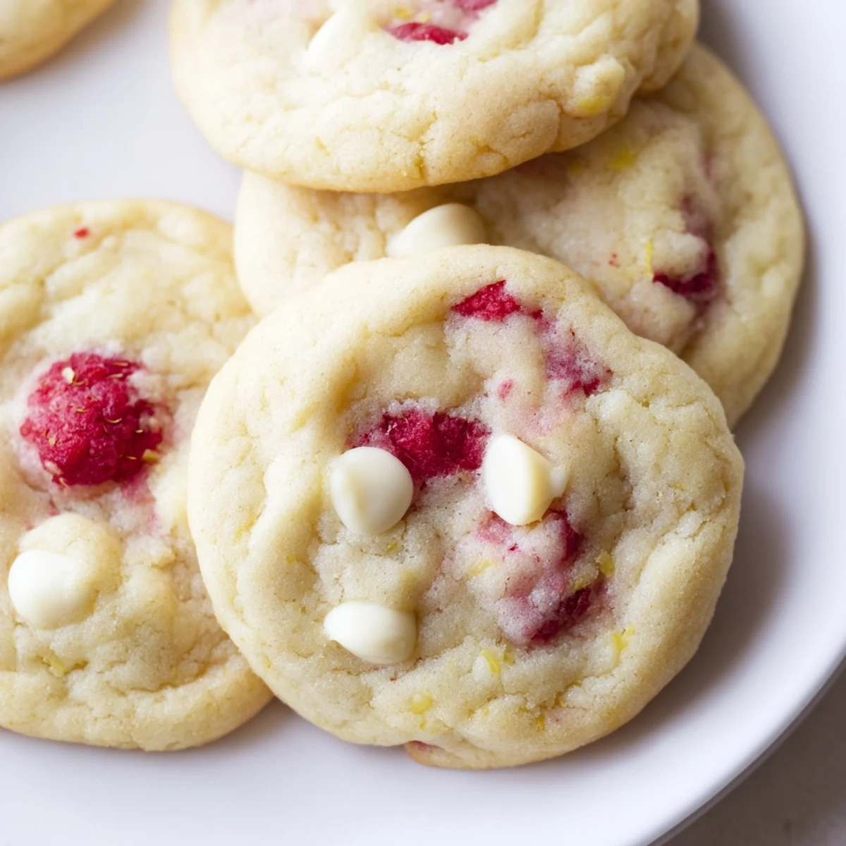 Soft lemon raspberry cookies topped with melted white chocolate chips and fresh raspberry bits