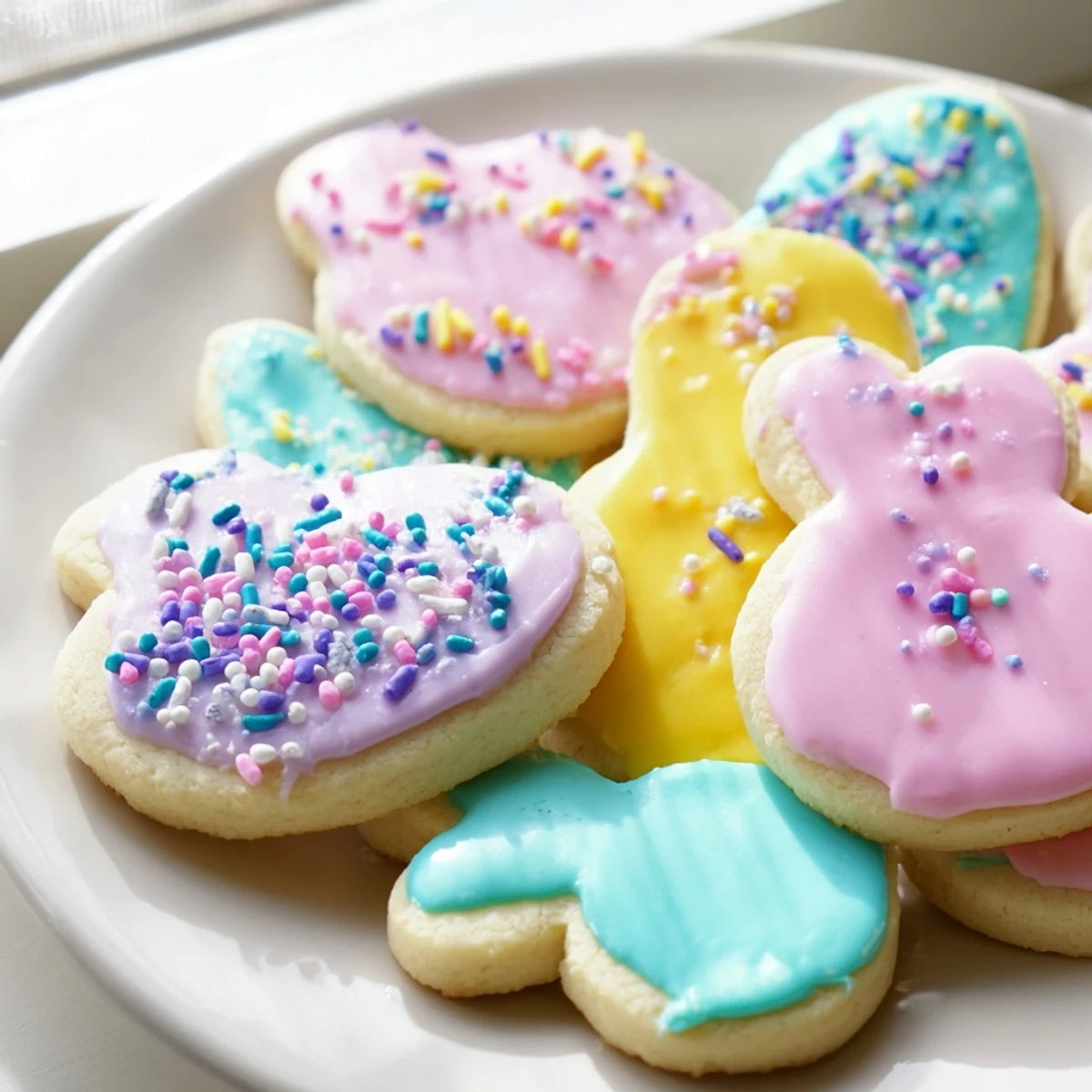 Soft Easter cookies with pastel royal icing and colorful sprinkles on a rustic serving plate
