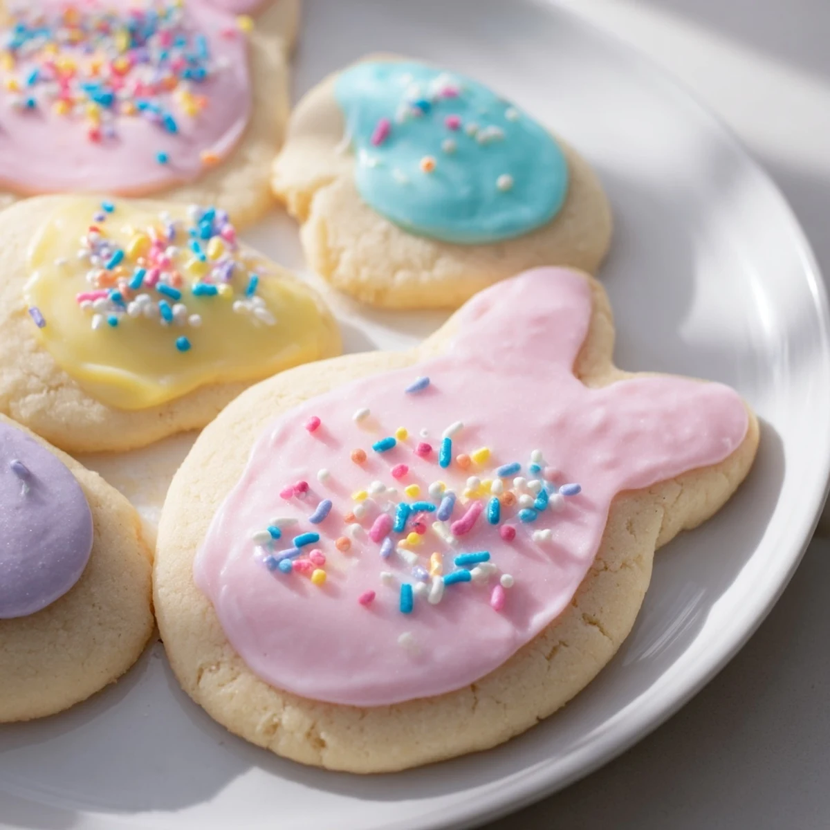 Decorated Easter sugar cookies arranged on a white platter for spring holiday celebrations