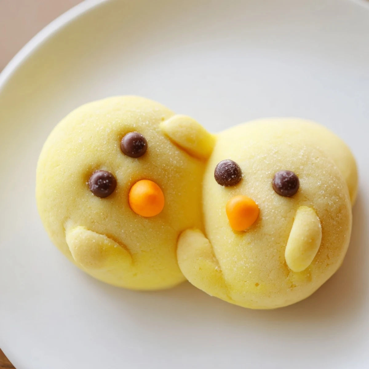 Adorable chick cookies with bright yellow frosting and cute candy faces on a rustic baking sheet