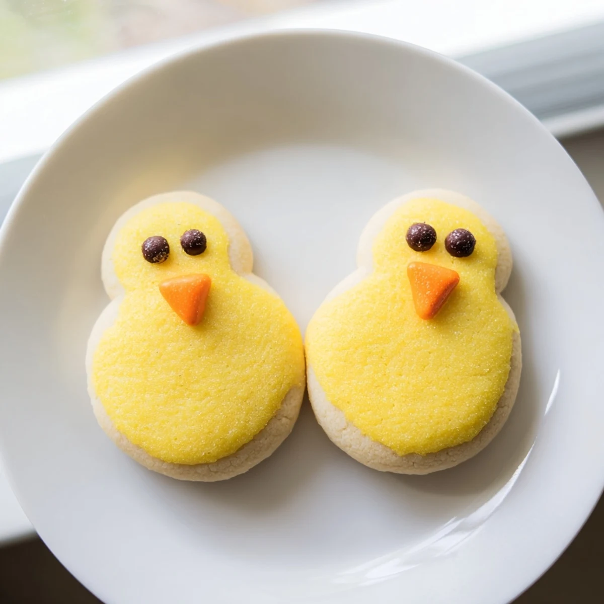 Buttery homemade chick cookies decorated with chocolate chip eyes and orange candy beaks arranged for serving