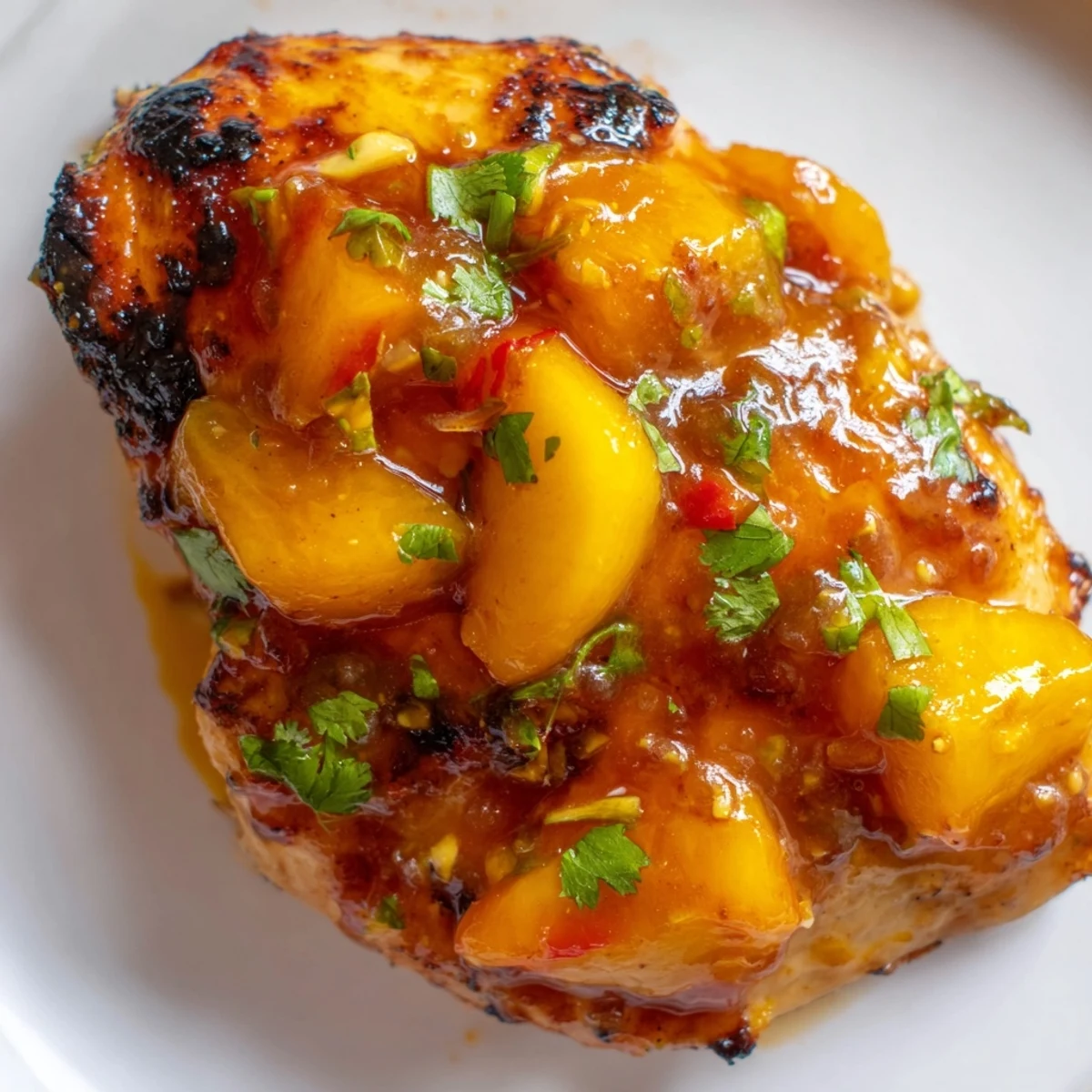 Golden jalapeno peach chicken glazed with sweet-spicy sauce on a white plate