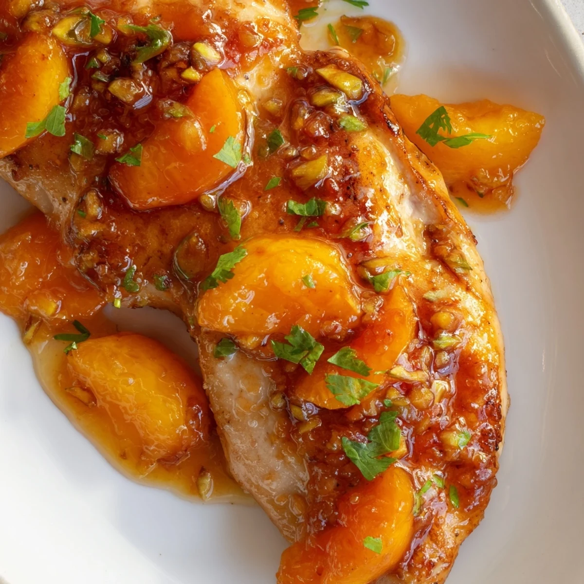 Juicy chicken breasts topped with glossy jalapeno peach sauce and fresh herbs
