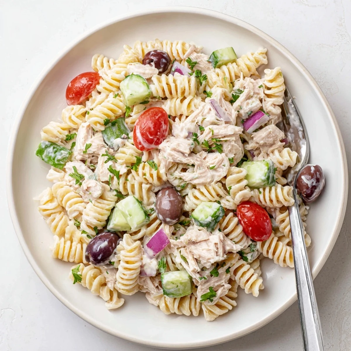 Creamy tuna pasta salad in a white bowl with colorful vegetables and fresh herbs