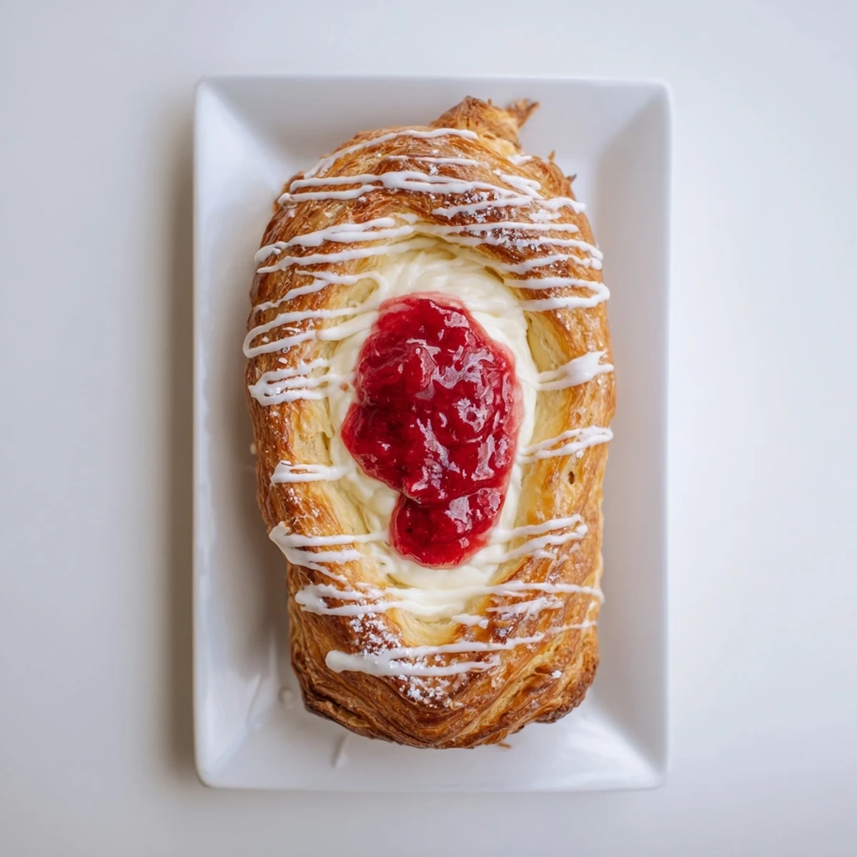 Golden Sourdough Discard Raspberry Cream Cheese Danishes drizzled with sweet vanilla glaze on rustic parchment paper