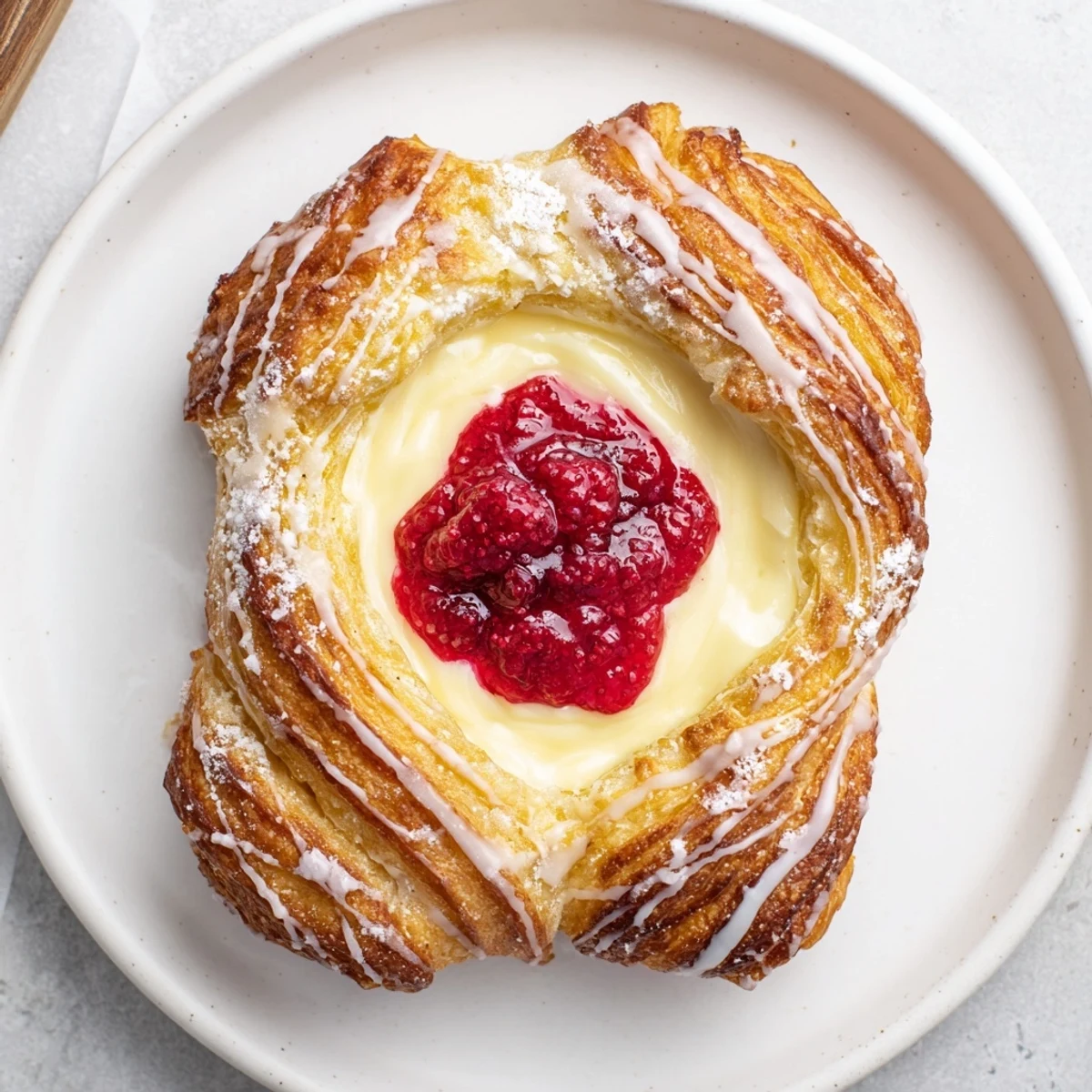Flaky pastries filled with tangy cream cheese and bright red raspberries topped with powdered sugar icing