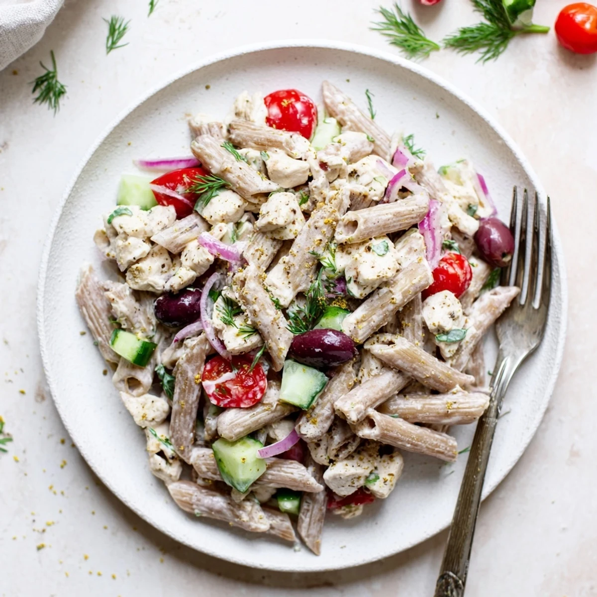 High Protein Greek Pasta Salad tossed in creamy yogurt dressing with kalamata olives and peppers