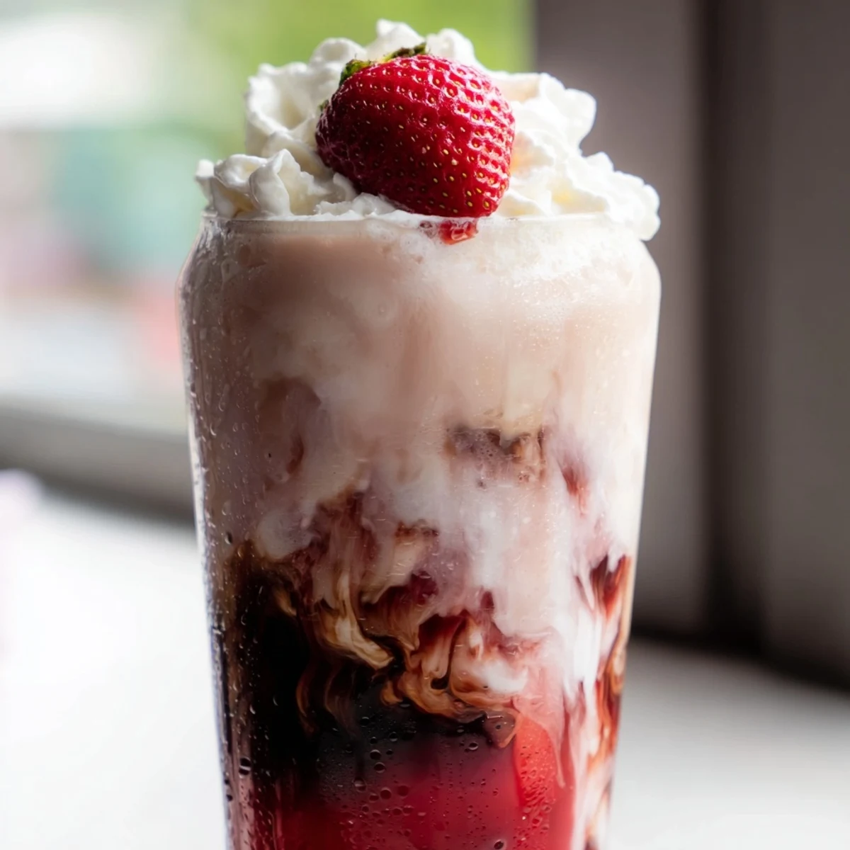 Creamy strawberry latte in a tall glass with swirled pink layers and ice