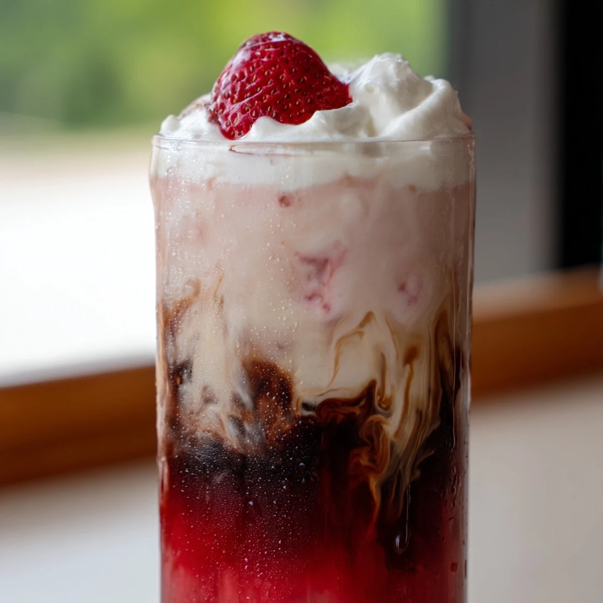 Refreshing strawberry cream cold latte topped with fluffy whipped cream and fresh berries