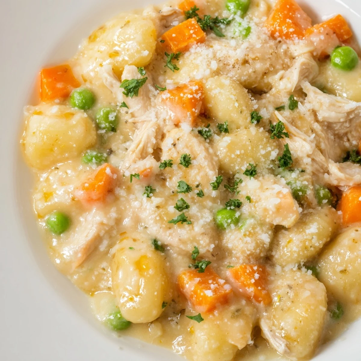 Creamy one pot gnocchi chicken pot pie in a rustic skillet with tender vegetables and golden sauce