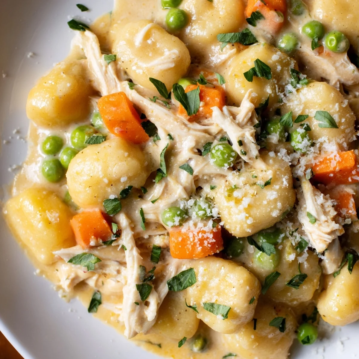 Golden one pot gnocchi chicken pot pie topped with fresh parsley in a cast iron pan