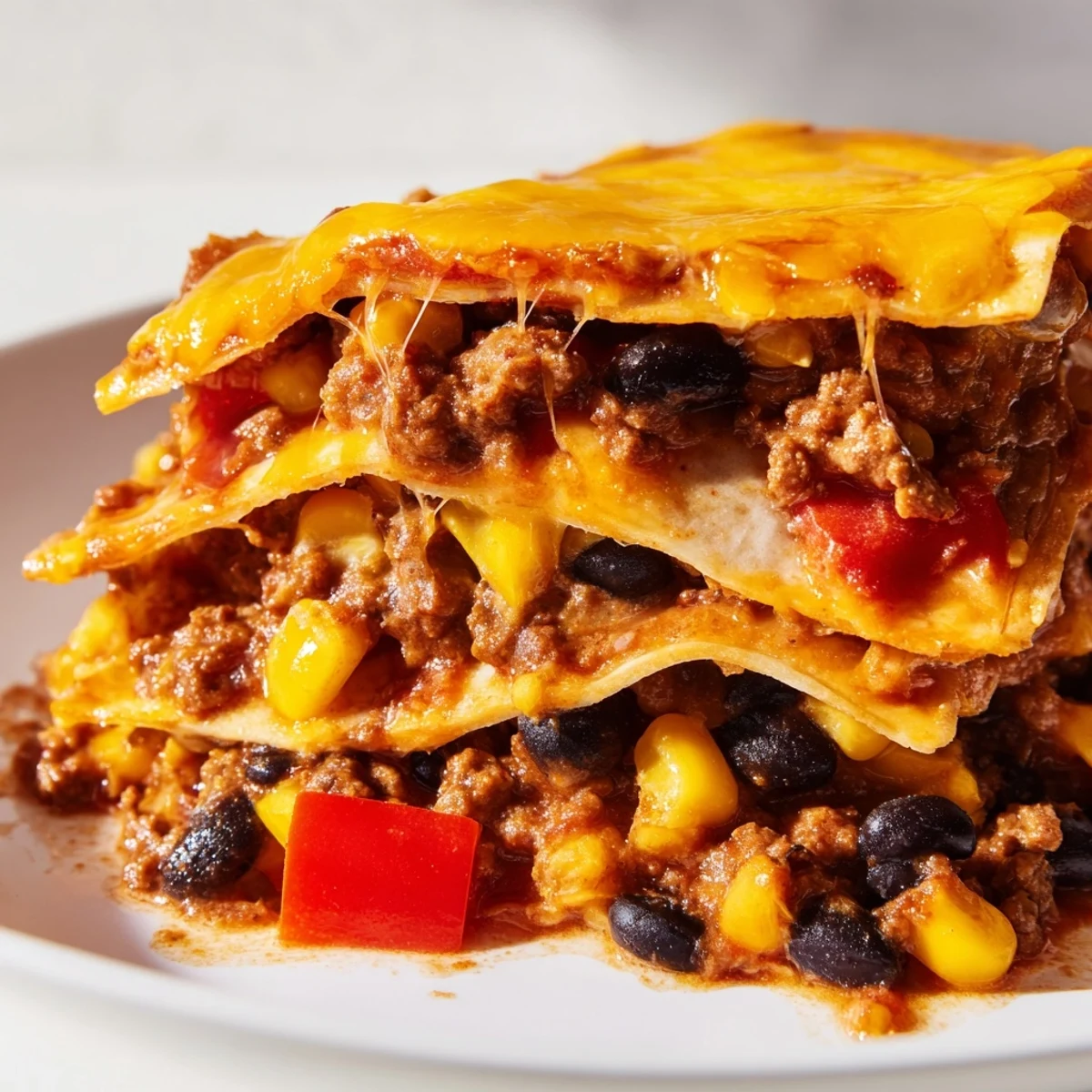 Golden Mexican lasagna with bubbling cheese layers served steaming in a casserole dish