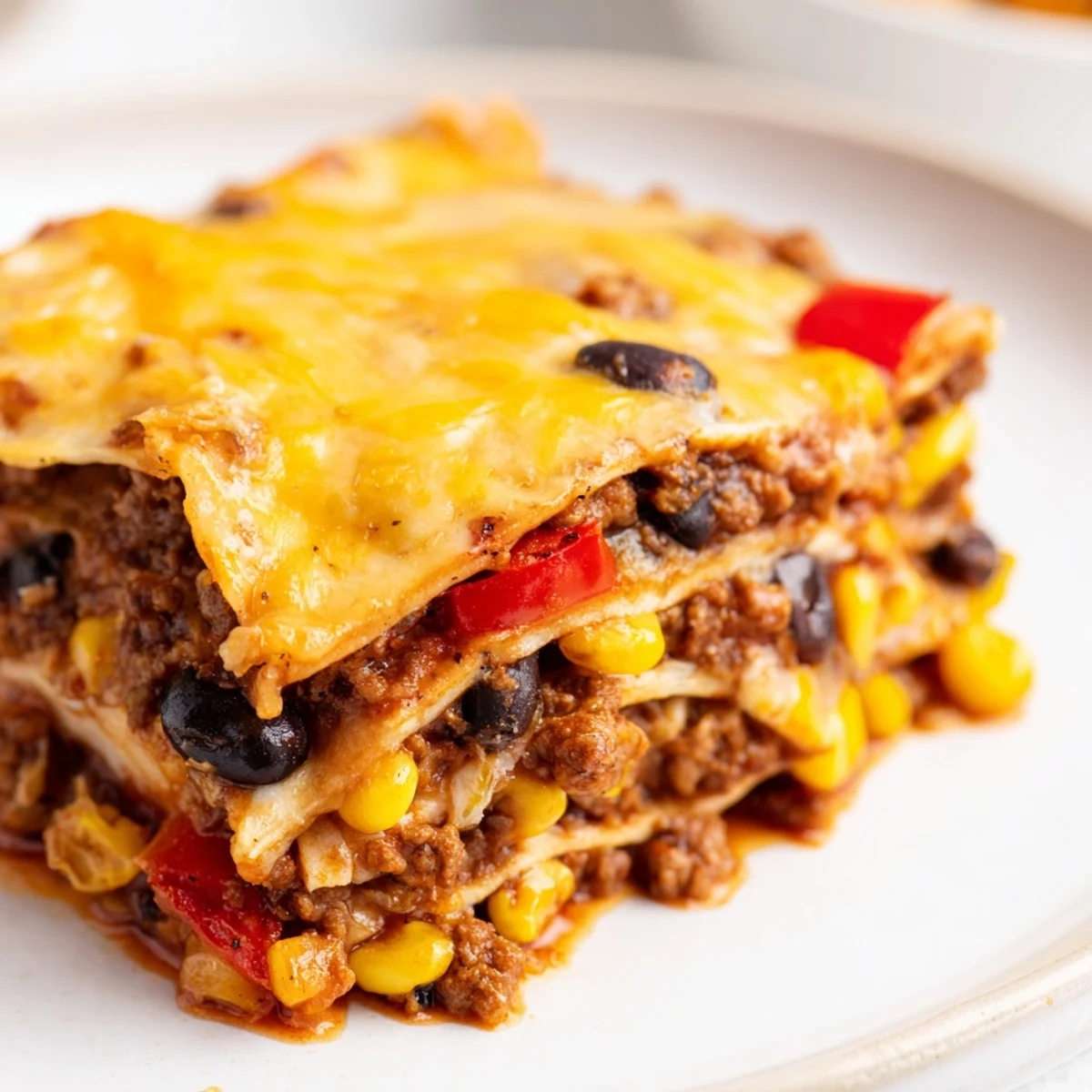 Mexican lasagna layered with seasoned beef beans corn and melted cheddar cheese