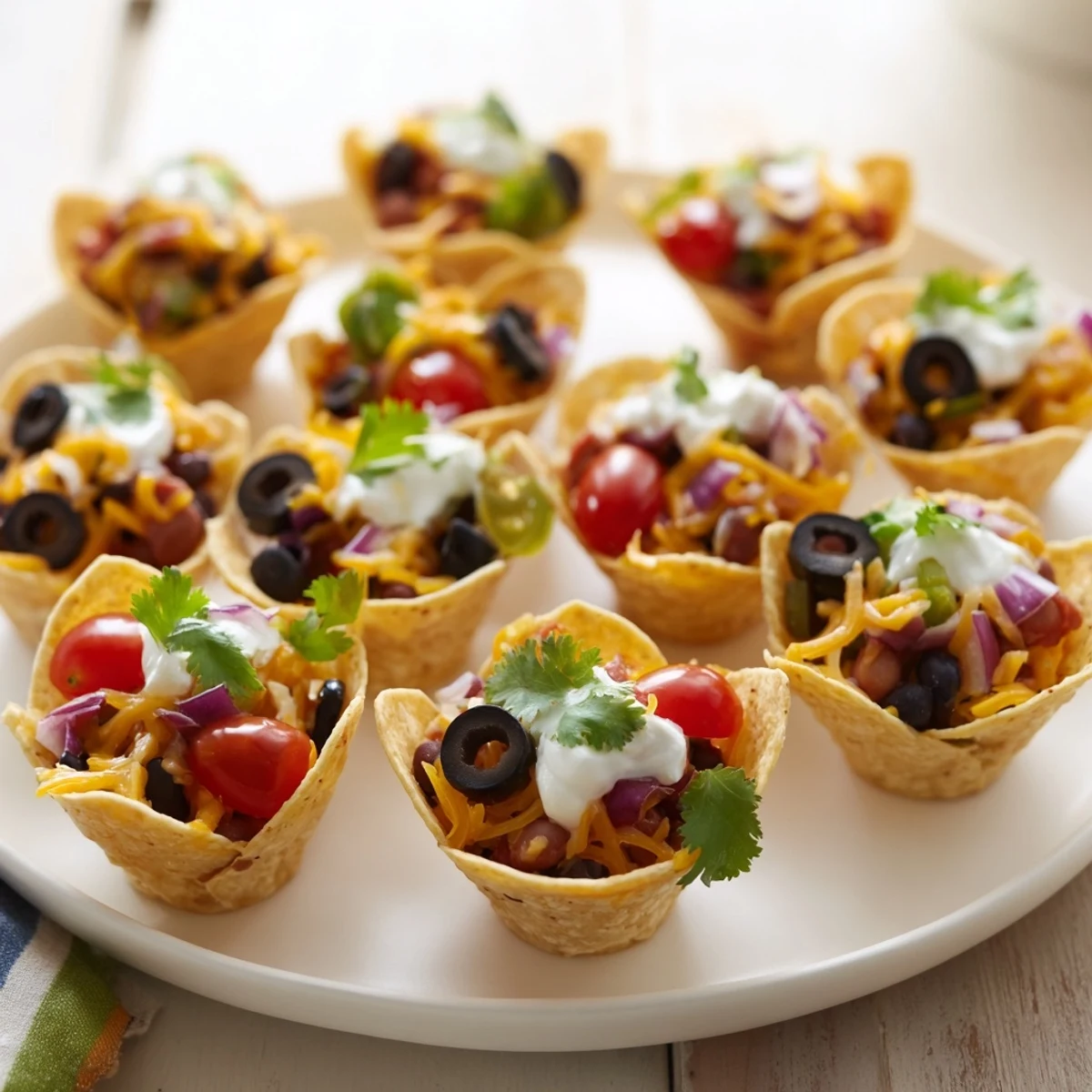 Golden cheesy nacho cups bubbling with melted cheddar and colorful fresh toppings
