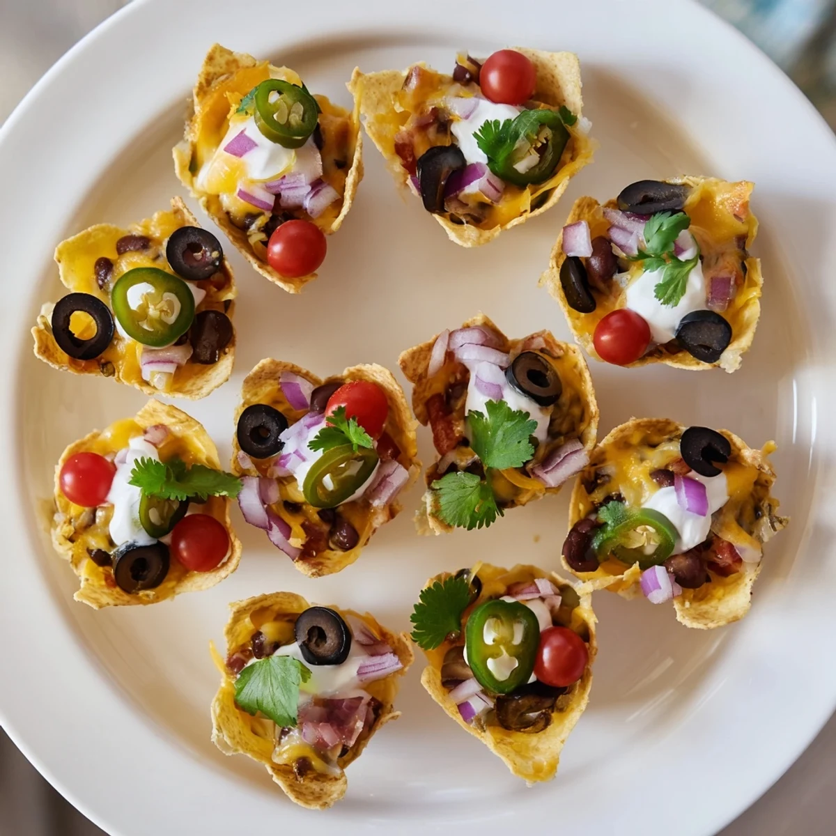 Crispy tortilla cups filled with gooey Monterey Jack cheese and zesty garnishes