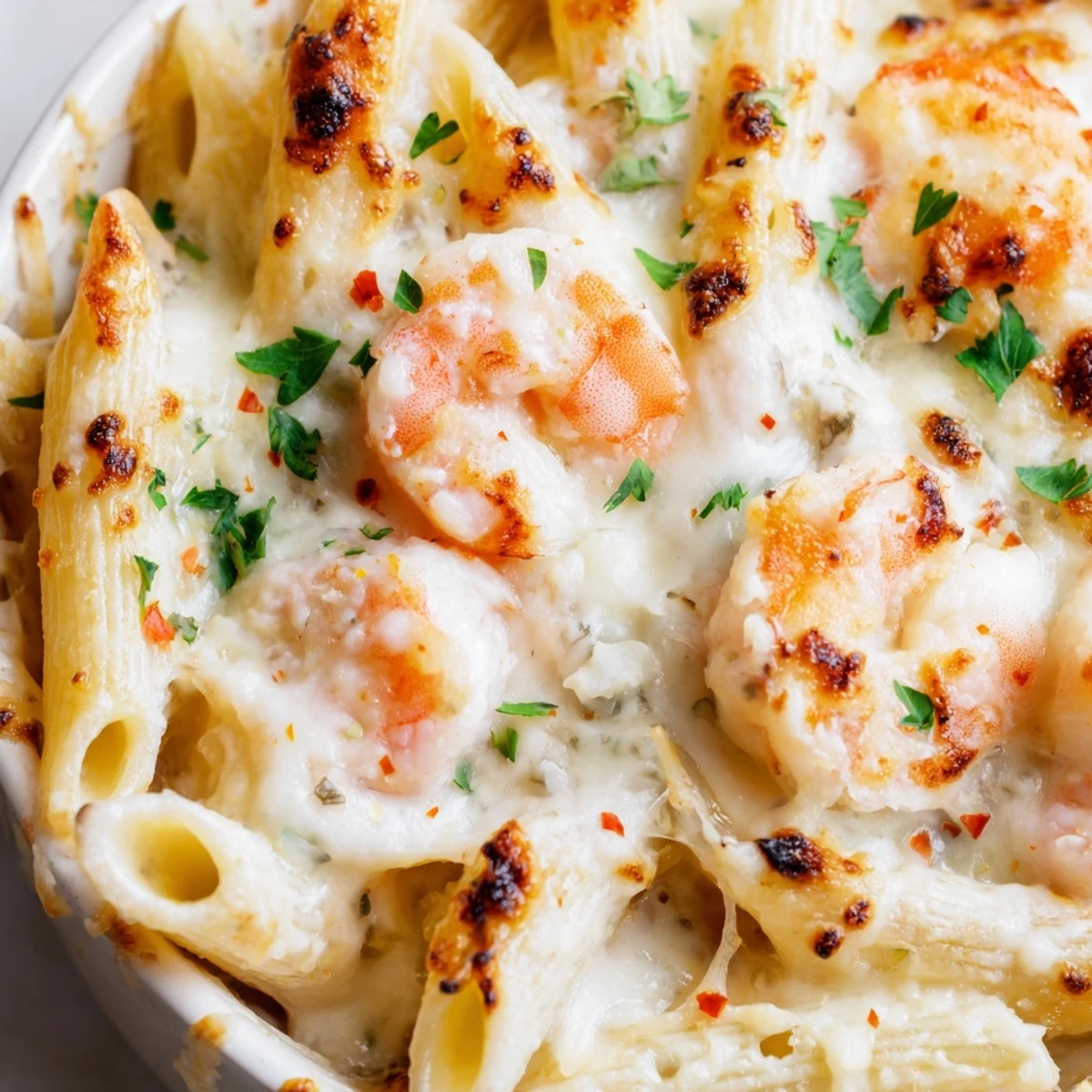 Golden baked shrimp scampi pasta with bubbling mozzarella and parmesan cheese topping