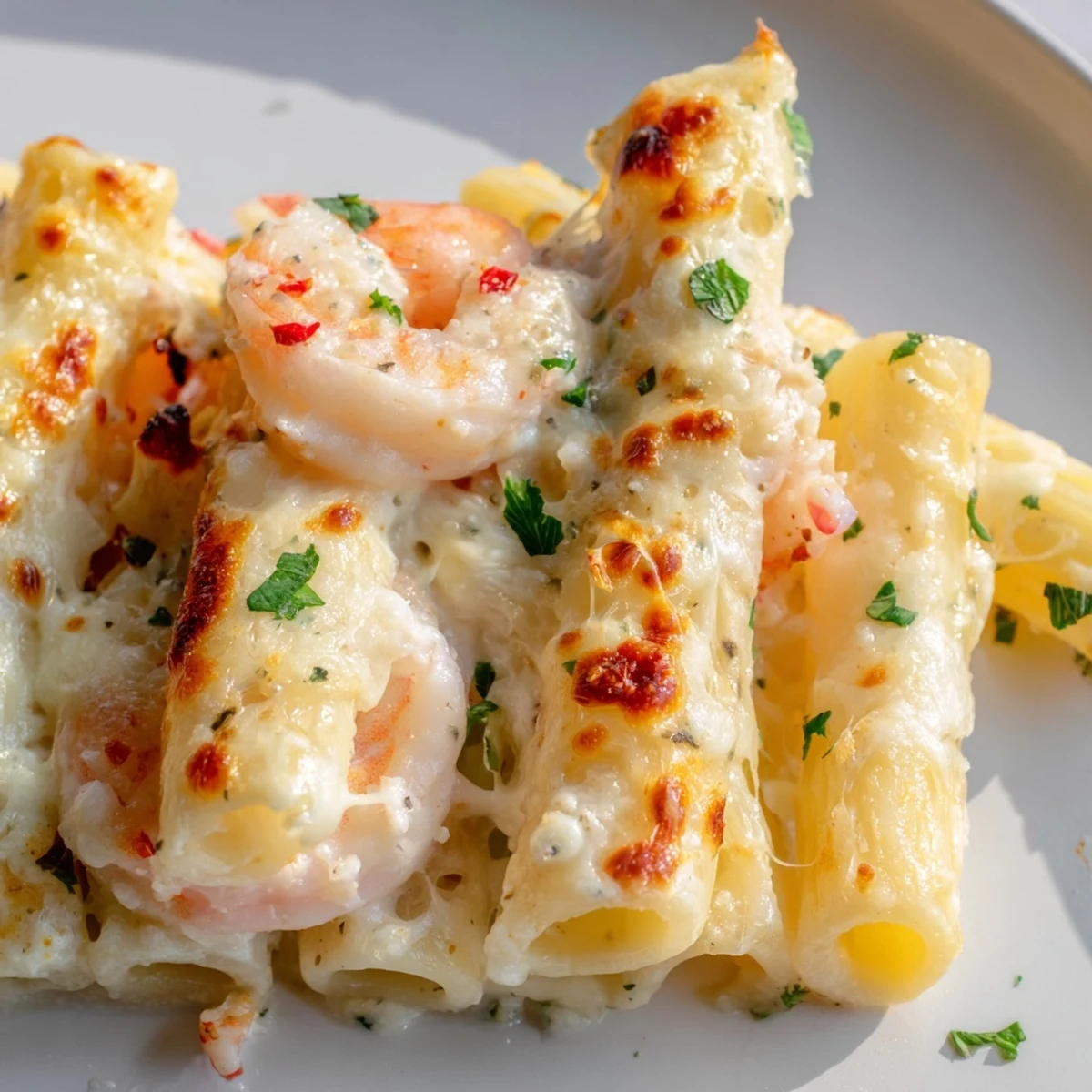 Creamy shrimp scampi pasta bake garnished with fresh parsley and lemon wedges