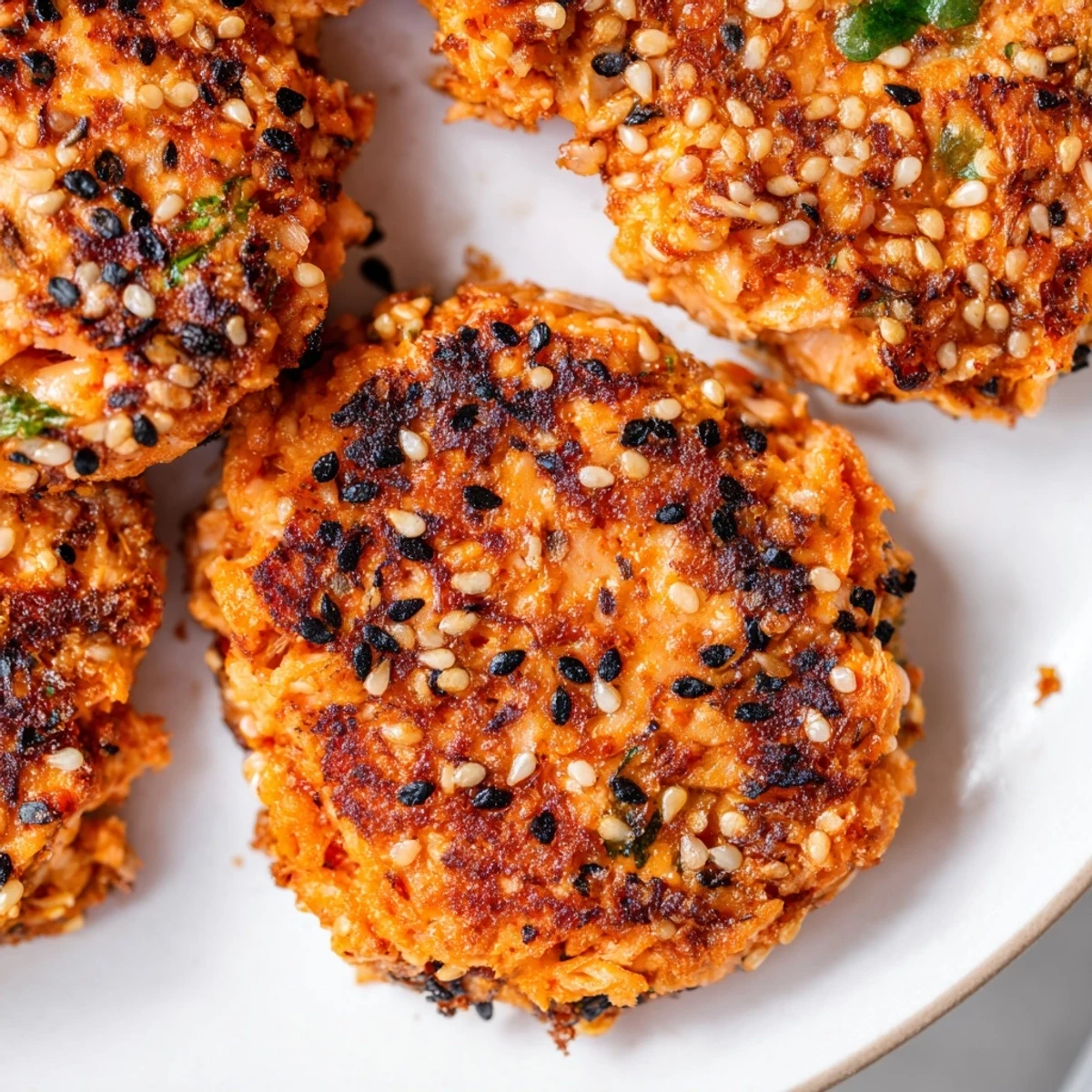 Crispy golden Harissa Sesame Salmon Patties sizzling in a cast iron skillet