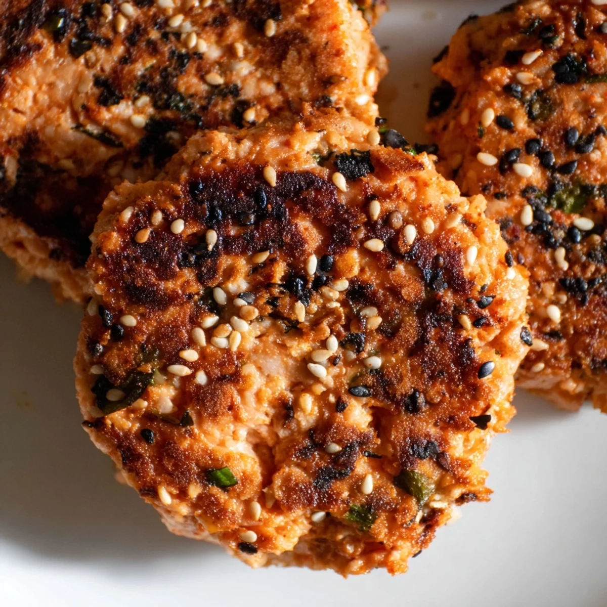 Spicy Harissa Sesame Salmon Patties served with cool yogurt dipping sauce